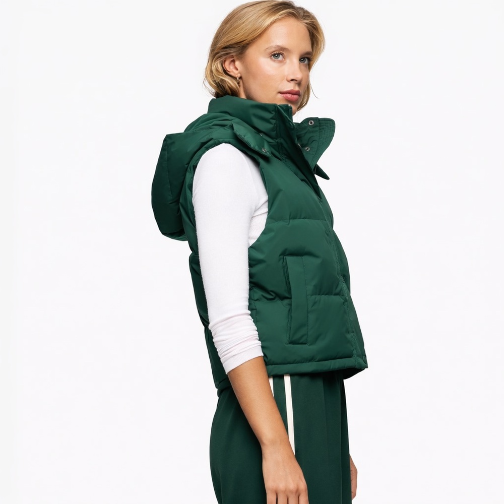 nuuds M Down Puffer Vest Peak hood green zipper 0374 pockets medium feather